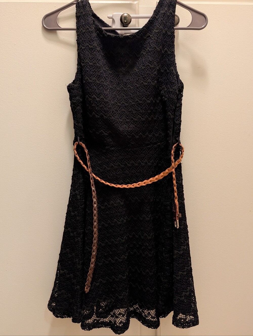 Black Lace Sleeveless Dress with Belt